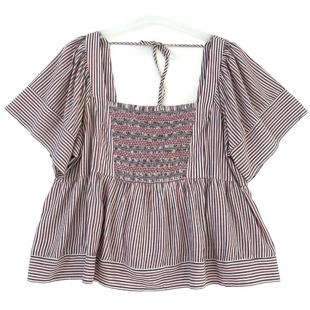 Old Navy Womens Top Blouse XXL Red White Blue Striped Boho Peasant Smocked New